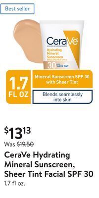 Walmart Cerave hydrating mineral sunscreen, sheer tint facial spf 30 offer