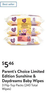 Walmart Parent's choice limited edition sunshine & daydreams baby wipes offer