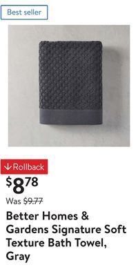 Walmart Better homes & gardens signature soft texture bath towel, gray offer