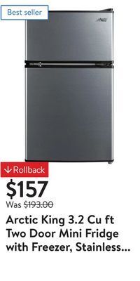 Walmart Arctic king 3.2 cu ft two door mini fridge with freezer, stainless steel, e-star, arm32d5asl offer