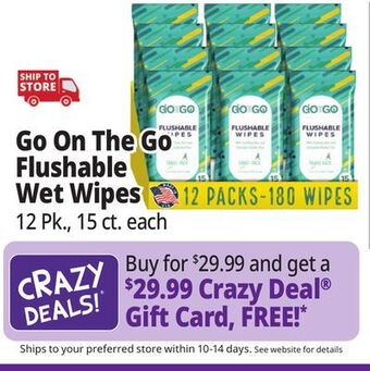 Ocean State Job Lot Go on the go flushable wet wipes, 15 ct, 12-pack (180 wipes total) offer