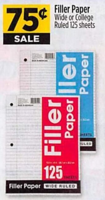 Dollar General Filler Paper Wide or College Ruled 125 sheets offer