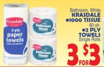 Bravo Supermarkets Krasdale 1000 tissue 60 sh,2 ply towels single rolls offer