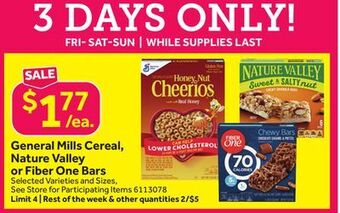 Stop&Shop General mills cereal, nature valley or fiber one bars offer