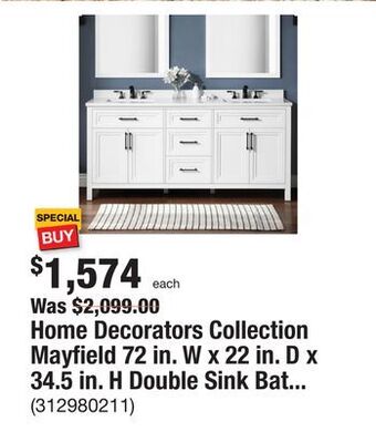 The Home Depot Home decorators collection mayfield 72 in. w x 22 in. d x 34.5 in. h double sink bath vanity in white with white cultured mar offer