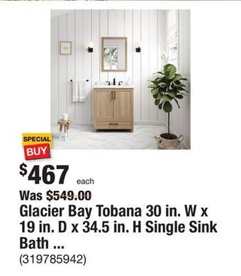 The Home Depot Glacier bay tobana 30 in. w x 19 in. d x 34.5 in. h single sink bath vanity in weathered tan with white engineered stone top offer