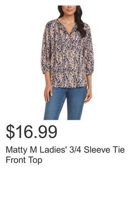 Costco Matty m ladies' 3/4 sleeve tie front top offer