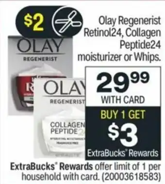 CVS Olay Regenerist Retinol24, Collagen Peptide24 Moisturizer Or Whips offer