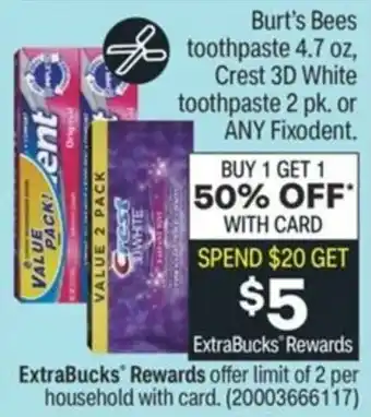 CVS Burt's Bees Toothpaste 4.7 oz, Crest 3D White Toothpaste offer