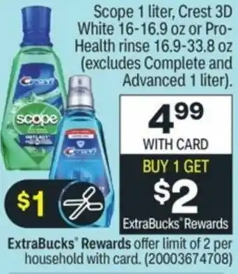 CVS Scope 1 Liter, Crest 3D White 16-16.9 oz Or Pro-Health Rinse 16.9-33.8 oz offer
