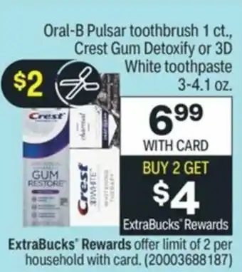 CVS Oral-B Pulsar Toothbrush, Crest Gum Detoxify or 3D White Toothpaste 3-4.1 oz offer