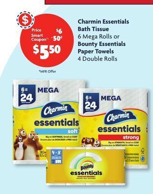 Family Dollar Charmin essentials bath tissue 6 mega rolls or bounty essentials paper towels 4 double rolls offer