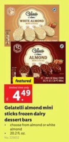 Lidl Gelatelli Almond Mini Sticks Frozen Dairy Dessert Bars offer