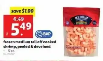 Lidl Frozen Medium Tail Off Cooked Shrimp, Peeled & Deveine 12 oz offer