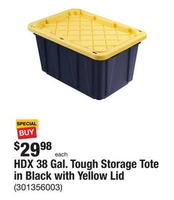 The Home Depot Hdx 38 gal. tough storage tote in black with yellow lid offer