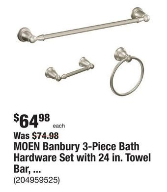 The Home Depot Moen banbury 3-piece bath hardware set with 24 in. towel bar, toilet paper holder, and towel ring in brushed nickel offer