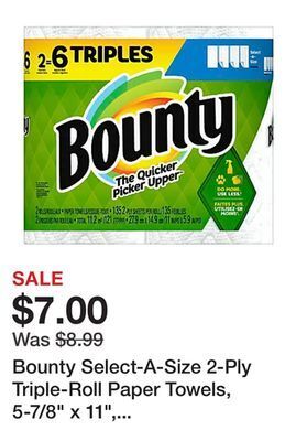 Office Depot Bounty select-a-size 2-ply triple-roll paper towels, 5-7/8 x 11, white, 135 sheets per roll, pack of 2 rolls offer