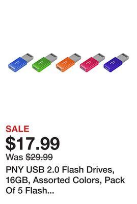 Office Depot Pny usb 2.0 flash drives, 16gb, assorted colors, pack of 5 flash drives offer