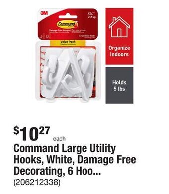 The Home Depot Command large utility hooks, white, damage free decorating, 6 hooks and 12 command strips offer