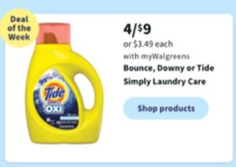 Walgreens Bounce, downy or tide simply laundry care offer