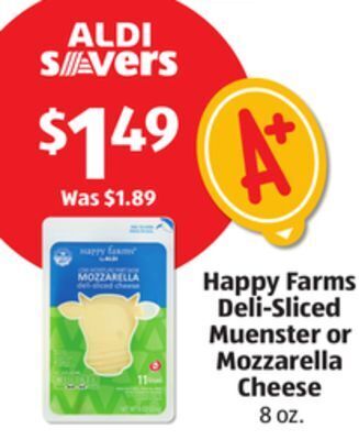 Aldi Happy farms deli-sliced muenster or mozzarella cheese offer