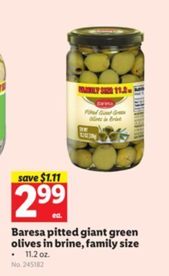 Lidl Baresa pitted giant green olives in brine, family size offer