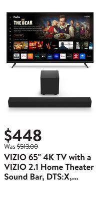 Walmart Vizio 65 4k tv with a vizio 2.1 home theater sound bar, dts:x, wireless subwoofer sb3221n-j6 offer