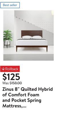 Walmart Zinus 8 quilted hybrid of comfort foam and pocket spring mattress, full offer