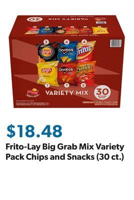 Sam's Club Frito-lay big grab mix variety pack chips and snacks (30 ct.) offer