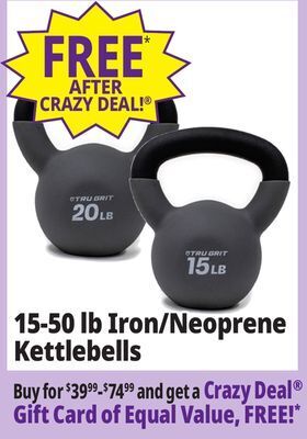 Ocean State Job Lot 15-50 lb iron/neoprene kettlebells offer