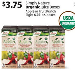 Aldi Simply Nature Organic Juice Boxes Apple or Fruit Punch Eight 6.75-oz. boxes offer