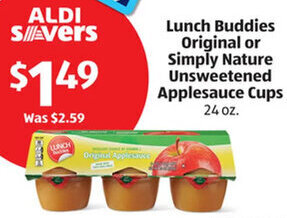 Aldi Lunch Buddies Original or Simply Nature Unsweetened Applesauce Cups 24 oz offer