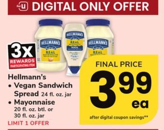 ACME Hellmann's vegan sandwich spread 24 fl. oz. jar, mayonnaise 20 fl. oz. btl. or 30 fl. oz. jar offer