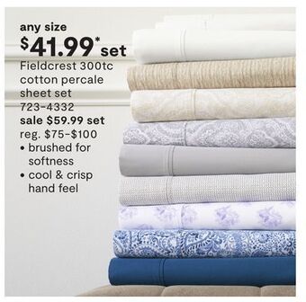 JC Penney Fieldcrest 300tc cotton percale sheet set offer