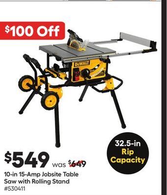 Lowe's 10-in 15-amp jobsite table saw with rolling stand offer