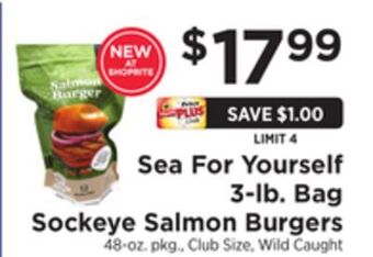 ShopRite 3-lb. bag sockeye salmon burgers offer