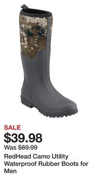 Cabela's Redhead camo utility waterproof rubber boots for men offer