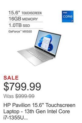 Costco Hp pavilion 15.6 touchscreen laptop - 13th gen intel core i7-1355u - geforce mx550 - 1080p - windows 11 professional offer