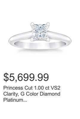 Costco Princess cut 1.00 ct vs2 clarity, g color diamond platinum solitaire ring offer