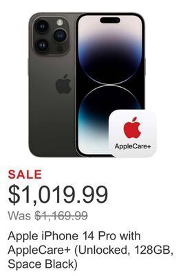 Costco Apple iphone 14 pro with applecare+ (unlocked, 128gb, space black) offer