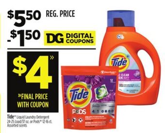 Dollar General Tide® liquid laundry detergent 24-25 load/37 oz. or pods® 12-16 ct. offer