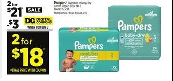 Dollar General Pampers® swaddlers or baby-dry jumbo diapers offer