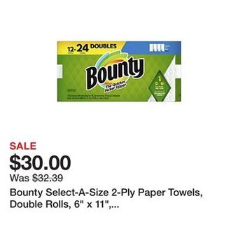 Office Depot Bounty select-a-size 2-ply paper towels, double rolls, 6 x 11, white, 90 sheets per roll, pack of 12 rolls offer