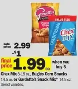Meijer Chex Mix 8-15 Oz , Bugles Corn Snack 14.5 oz, Or Gardetto's Snack Mix 14.5 oz offer