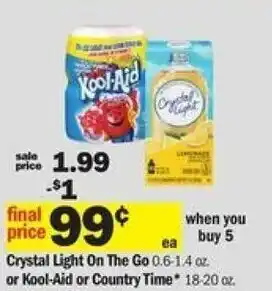 Meijer Crystal Light On The Go Or Kool-Aid Or Country Time 18-20 oz offer