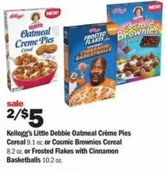 Meijer Kellogg's Little Debbie Oatmeal Créme Pies Cereal Or Cosmics Brownies Cereal Frosted Flakes With Cinnamon Basketballs 10.2 oz offer