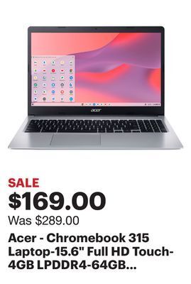 Best Buy Acer - chromebook 315 laptop-15.6 full hd touch- 4gb lpddr4-64gb emmc- wi-fi 5 - pure silver offer
