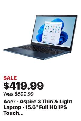 Best Buy Acer - aspire 3 thin & light laptop - 15.6 full hd ips touch display - amd ryzen 5 7520u - 8gb lpddr5 - 512gb ssd - wi-fi 6 - offer