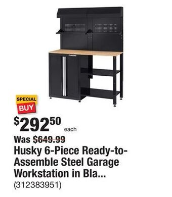 The Home Depot Husky 6-piece ready-to-assemble steel garage workstation in black (53 in. w x 69.5 in. h x 19.5 in. d) offer