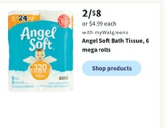 Walgreens Angel soft bath tissue, 6 mega rolls offer